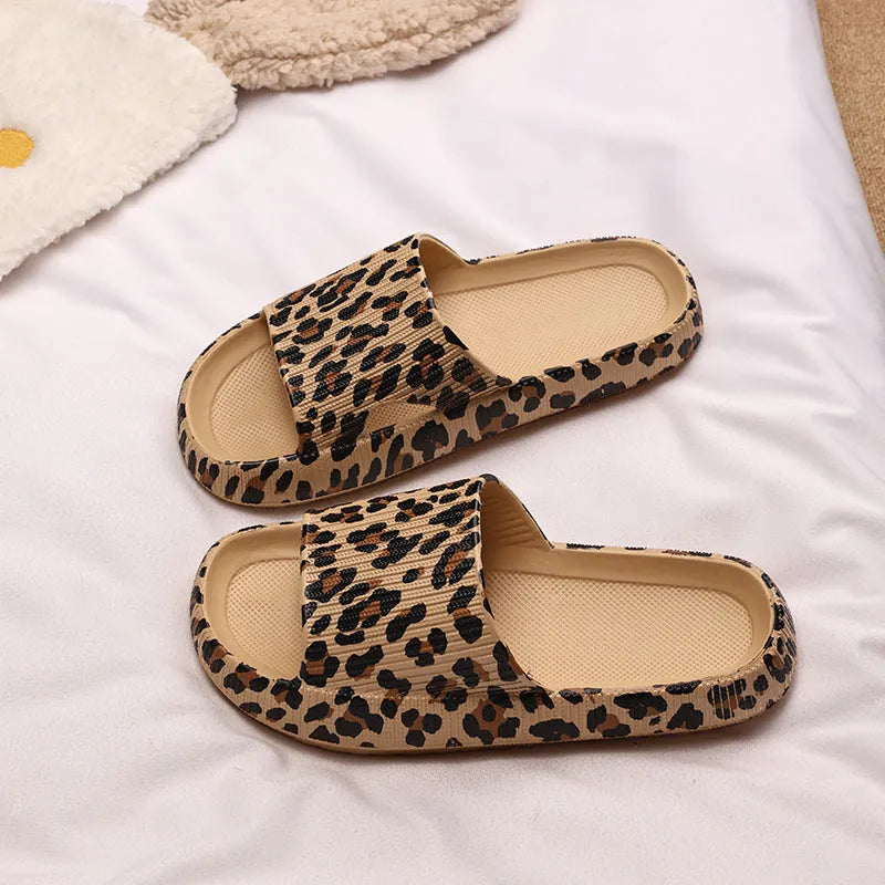 Women's leopard print EVA slippers with thick sole, shown in multiple colour variants.