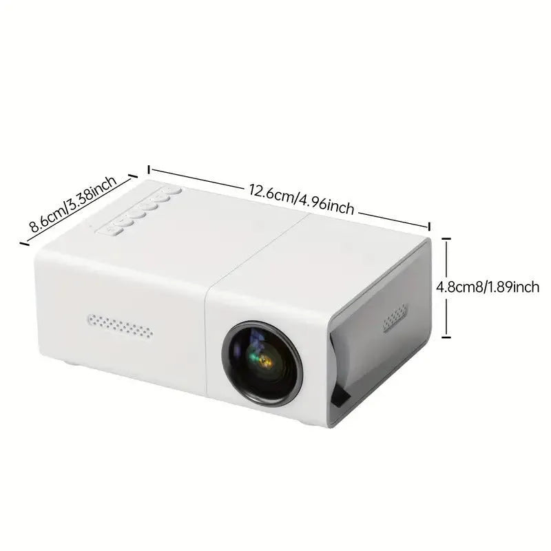 M100 mini LED home projector in black or white showing 100 inch projection capability with remote control