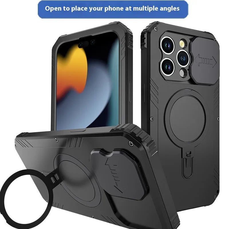 Black metal bracket shockproof phone case for iPhone 15 with aluminium alloy frame and magnetic suction