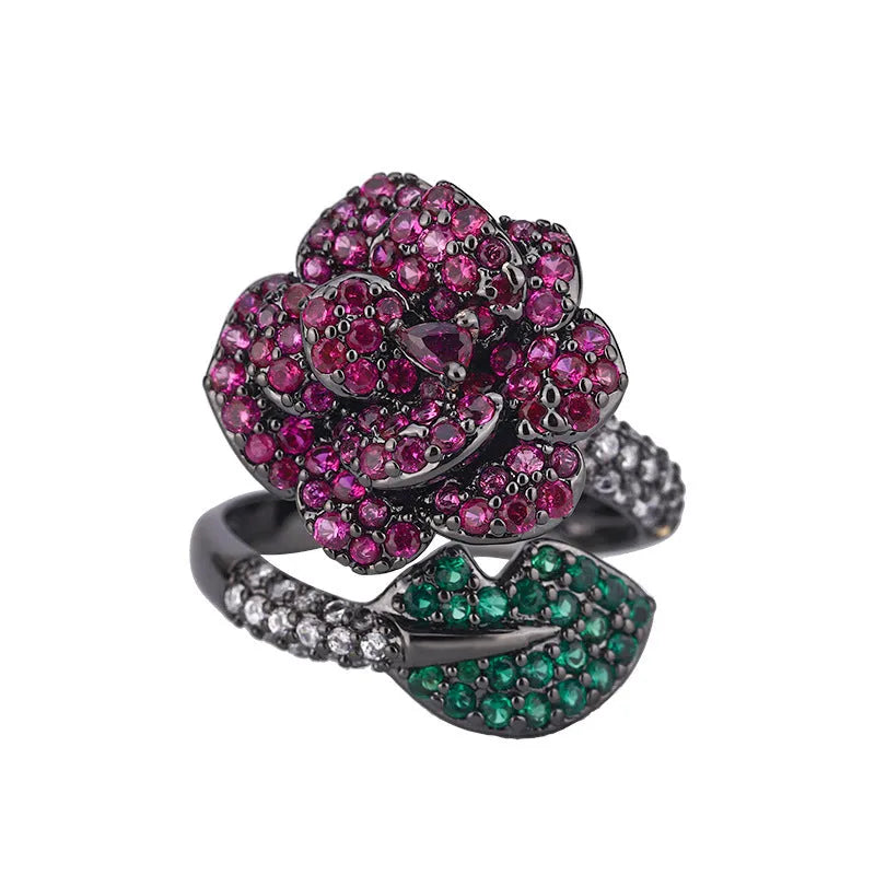 Black gold geometric flower ring with red simulation corundum stones