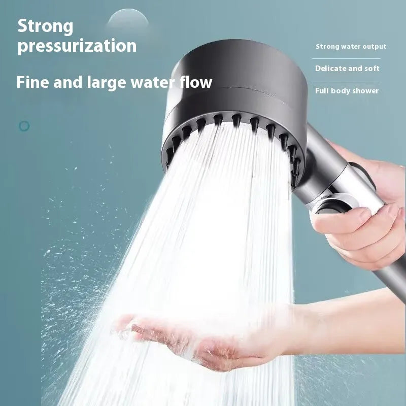 Strong Boost portable ABS plastic shower head with multiple spray mode settings.