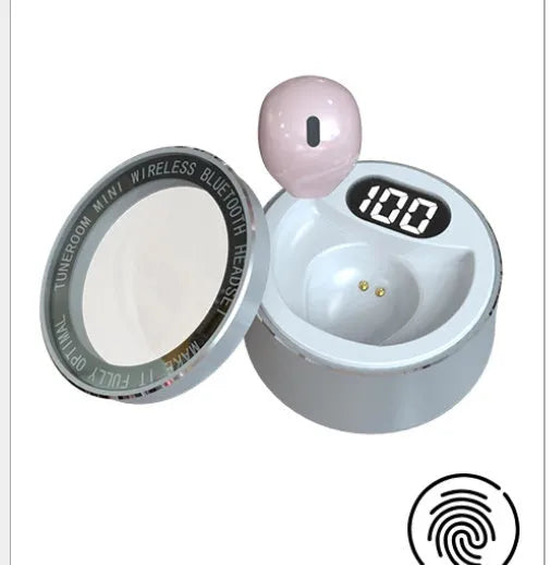 Invisible wireless Bluetooth headset with 9mm miniature earplug design in skin tone, white, and pink colours