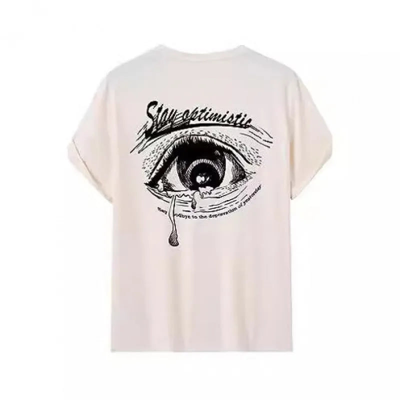 Men's grey printed short sleeve street T-shirt on a hanger showing digital graphic design.