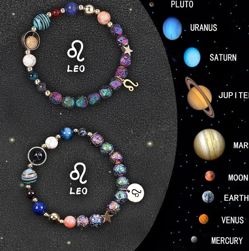 Two natural stone beaded bracelets with zodiac sign charms on a white background