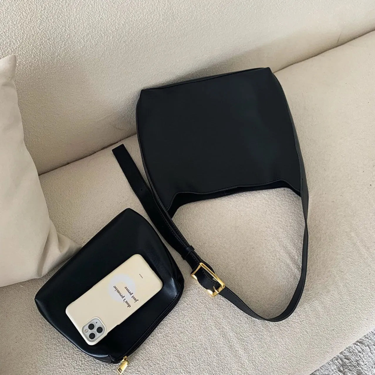 Women's soft PU shoulder bag with swing threads in 28x32x12cm size