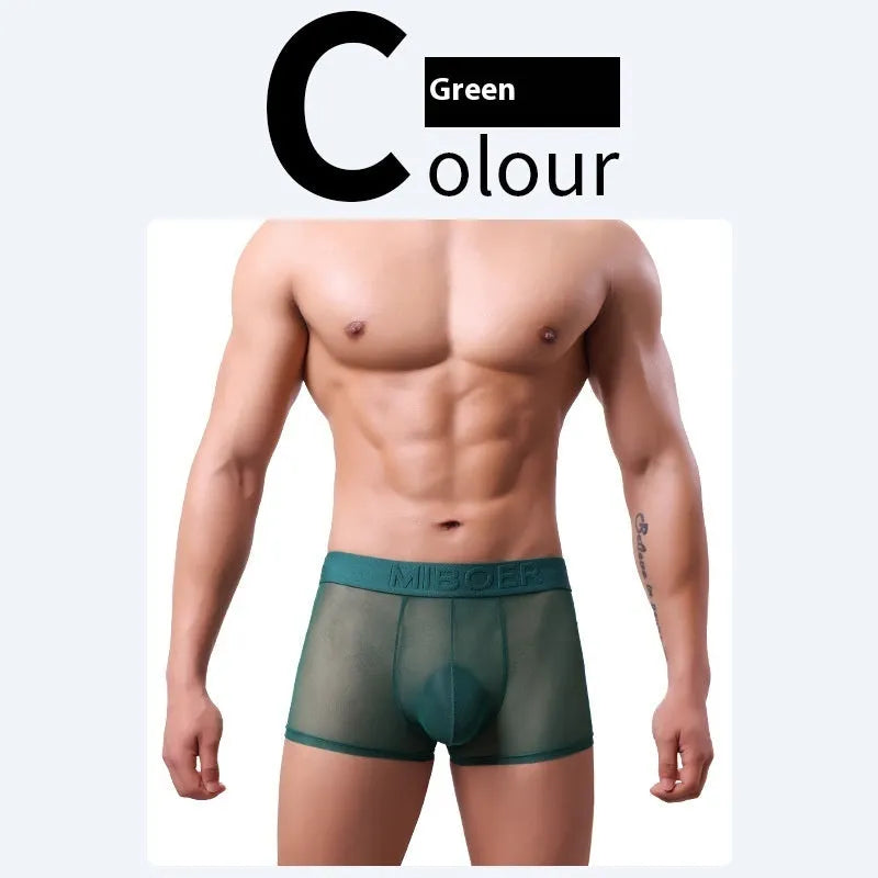 Men's thin solid colour boxer shorts in quick-dry polyester fabric on a size chart.
