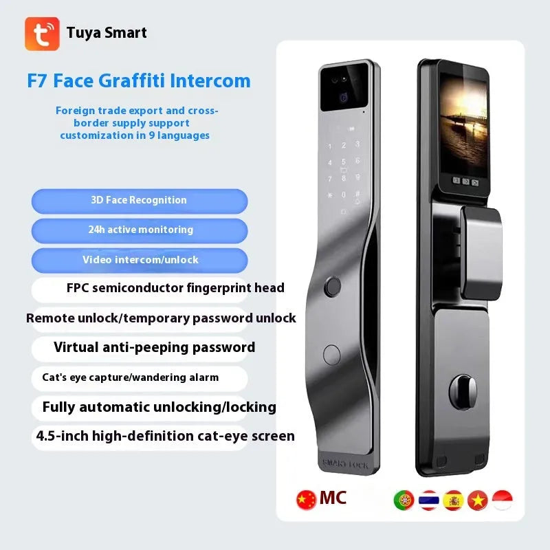 F7 model smart door lock with face recognition camera, fingerprint sensor, and keypad on aluminium alloy surface.