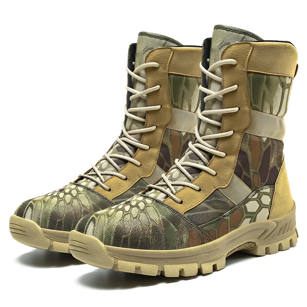 Men's black and camouflage high-top combat boots with mesh upper and totem detailing
