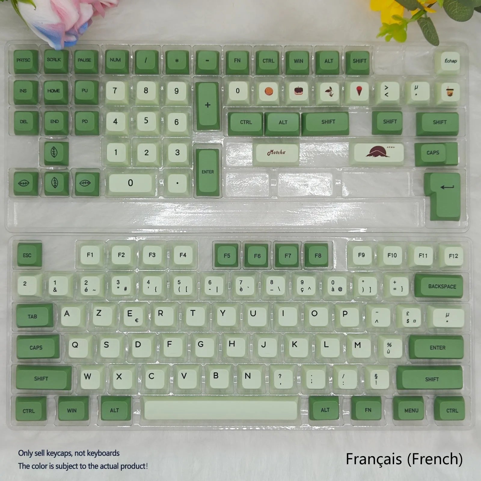 Matcha green PBT keycap set with 124 keys for mechanical keyboards, showing sublimation dye legends.