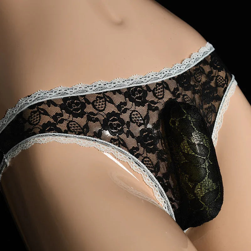 Men's lace underwear with vertical pouch design in low waist style