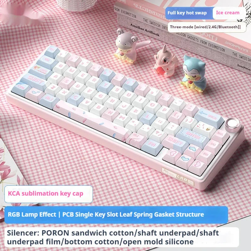 White wireless mechanical keyboard with RGB backlighting and mechanical switches on a desk