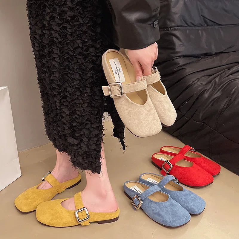 Women's flat closed toe half slippers in PU with rubber sole and square toe shape