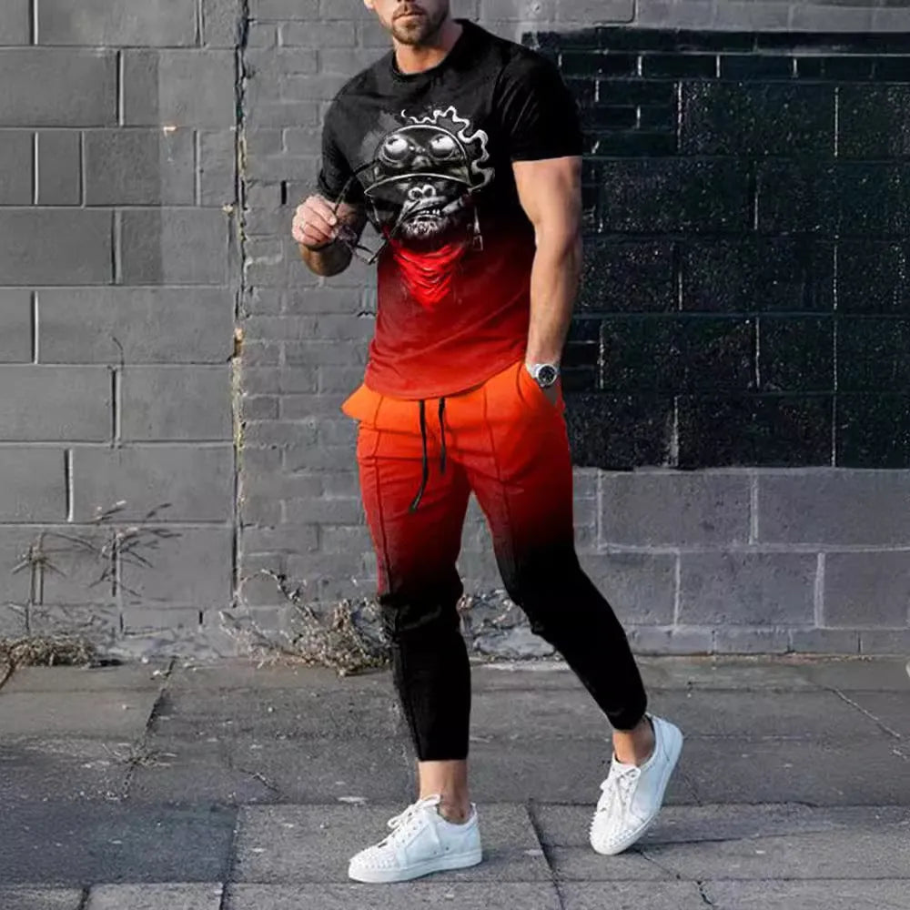 Men's short-sleeved round neck T-shirt and matching trousers set in a solid colour.