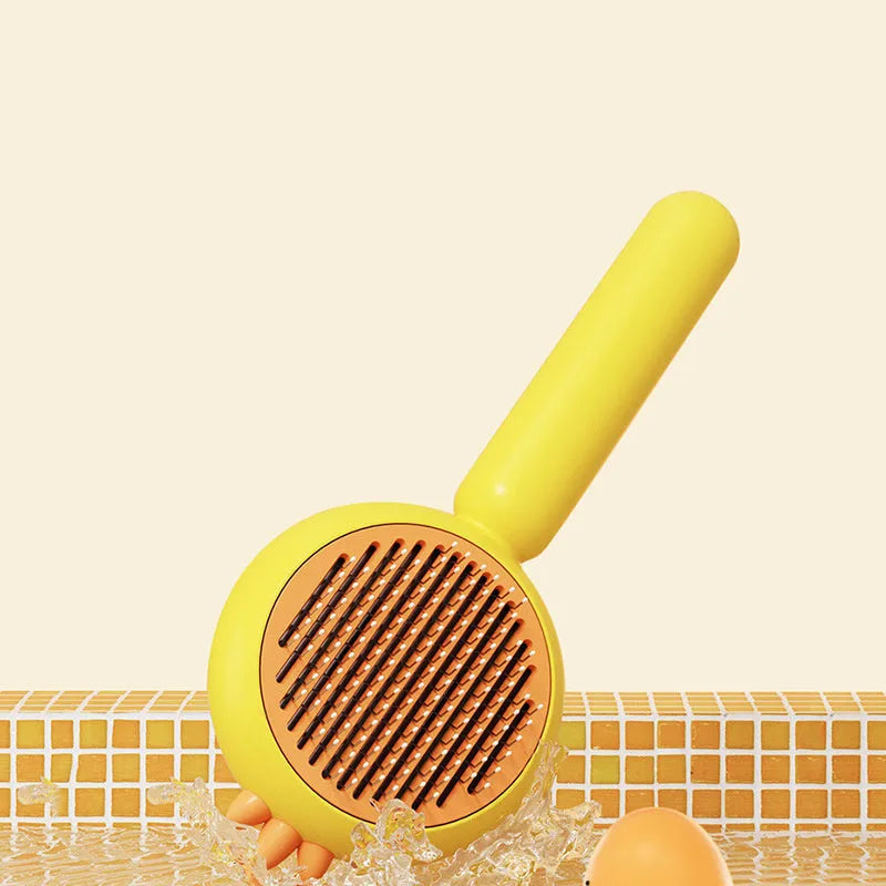 Purple self-cleaning pet grooming brush with stainless steel bristles on a white background.