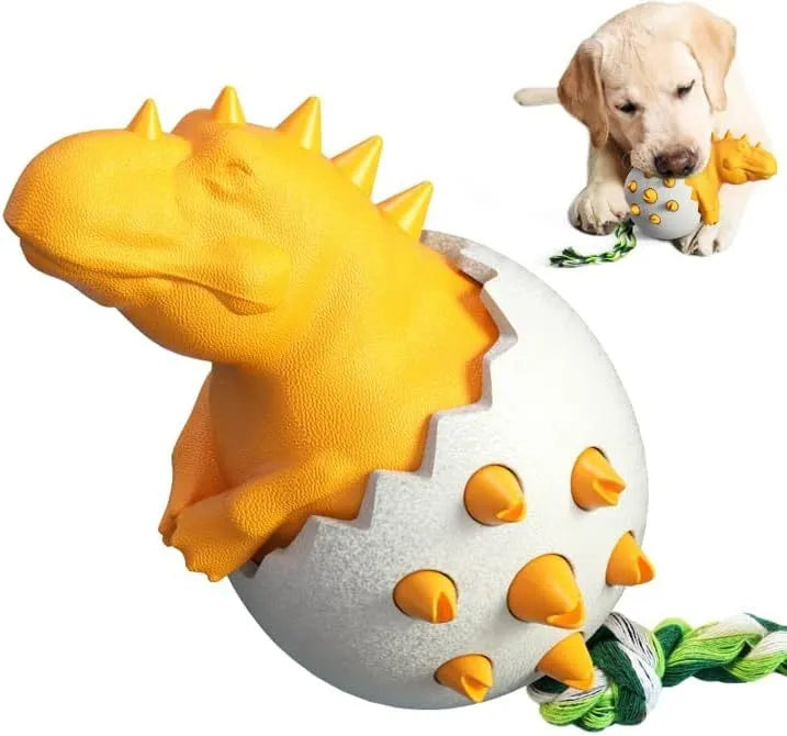 Blue durable rubber dinosaur dog chew toy with rope for aggressive chewers