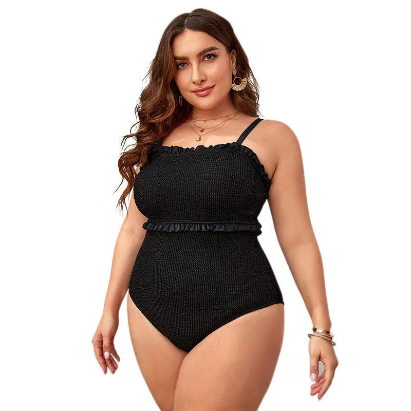 Black plus size women's swimsuit with double shoulder straps and triangle bikini style