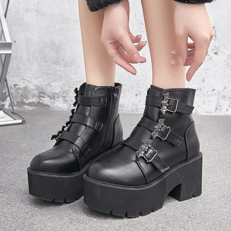 Black Harajuku punk Martin boots with bat buckle gothic detailing and side zipper