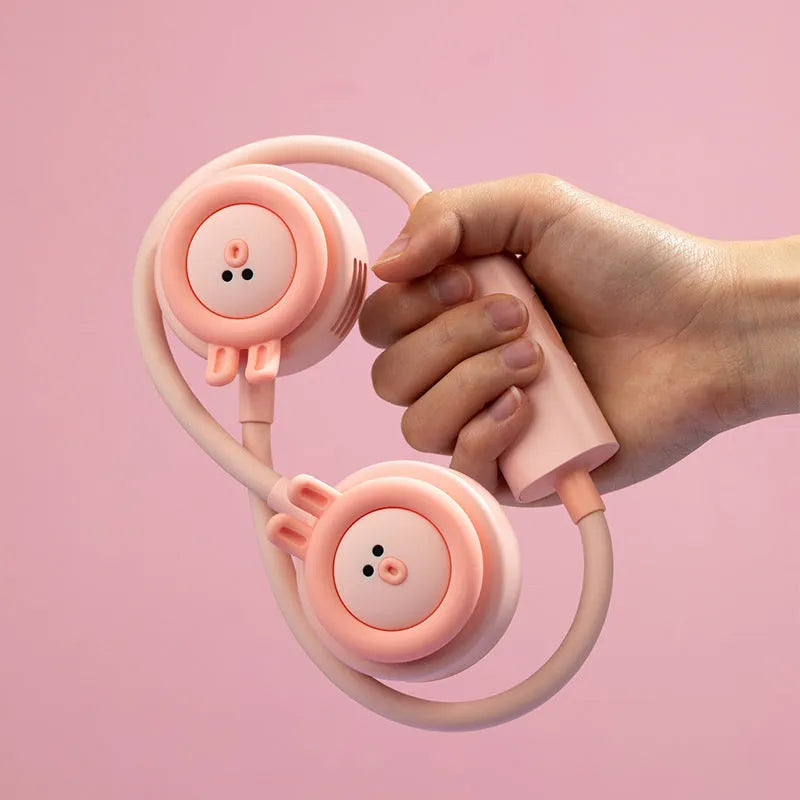 Pink folding neck fan showing leafless airflow design with USB charging port