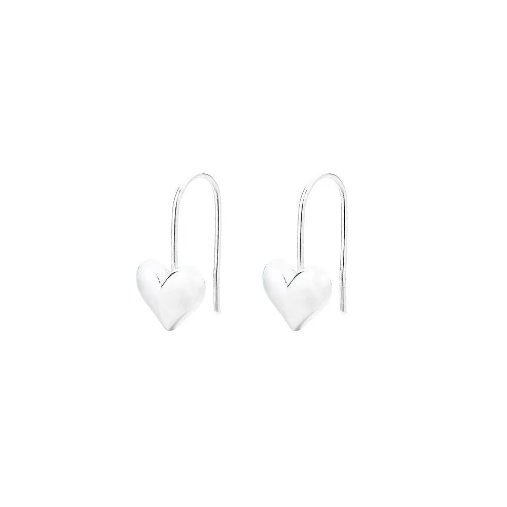 Silver Korean style heart earrings with three-dimensional glossy design and heart-shaped hooks