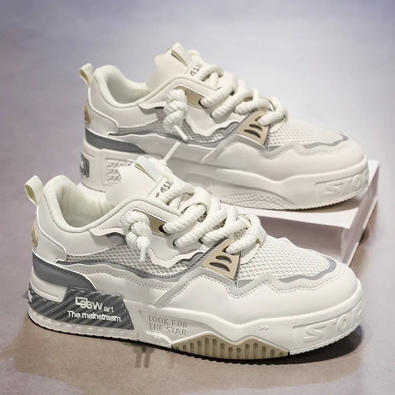 Men's board shoes with rubber soles in white and yellow, white and black, and beige colour options