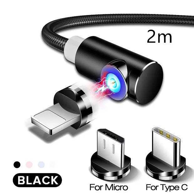 Black magnetic charging cable with aluminium housing and LED light indicator showing magnetic connectors