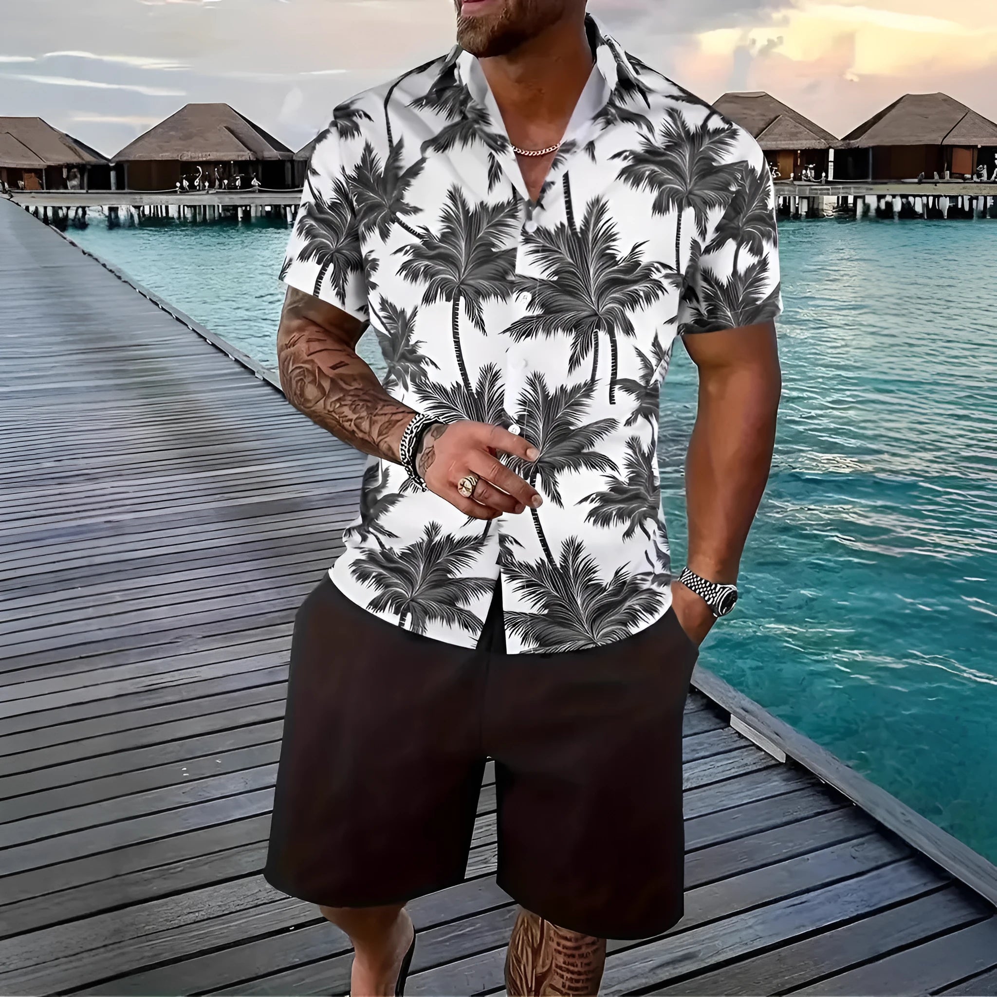Man wearing a men's Hawaii-themed 3D printed short sleeve suit with matching shorts.