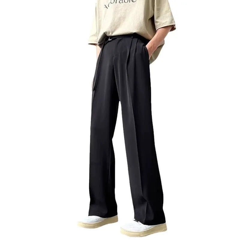 Black wide leg trousers with straight leg opening and non-ironing chemical fibre blend fabric