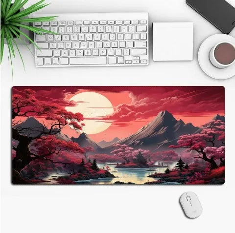 Anime-themed gaming mouse pad on a desk, showing non-slip rubber base and printed cloth surface.
