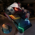 Glow-in-the-dark luminous iPhone case showing technology design on TPU and tempered glass construction