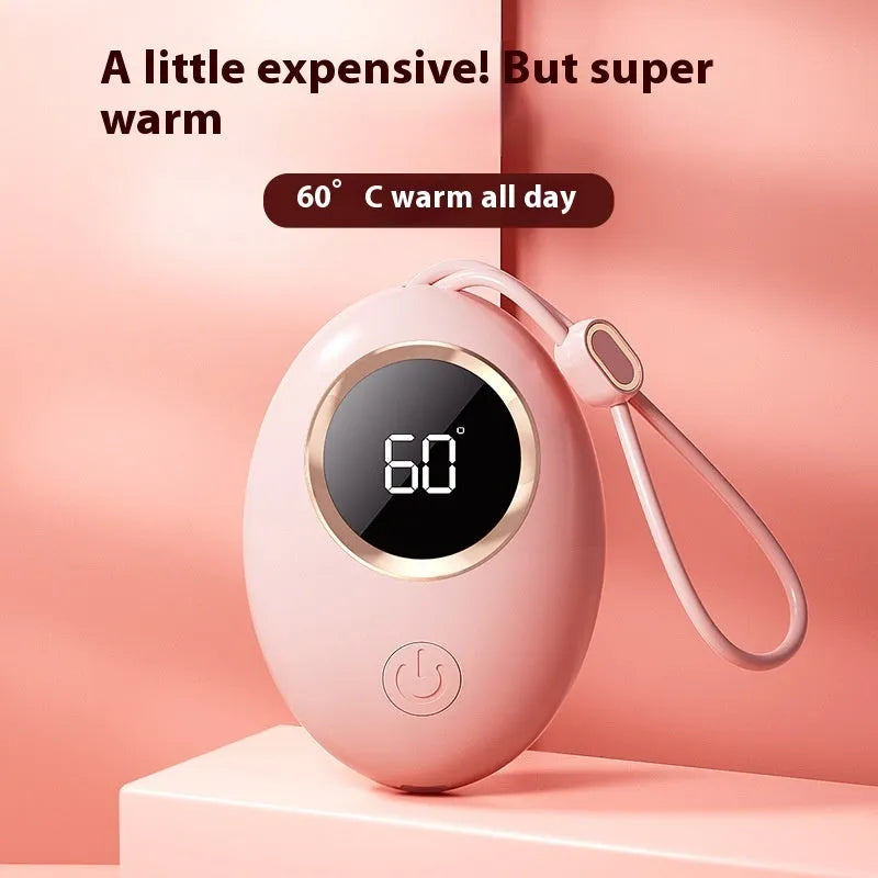 USB digital display hand warmer in pink, showing aluminium heating pad and screen