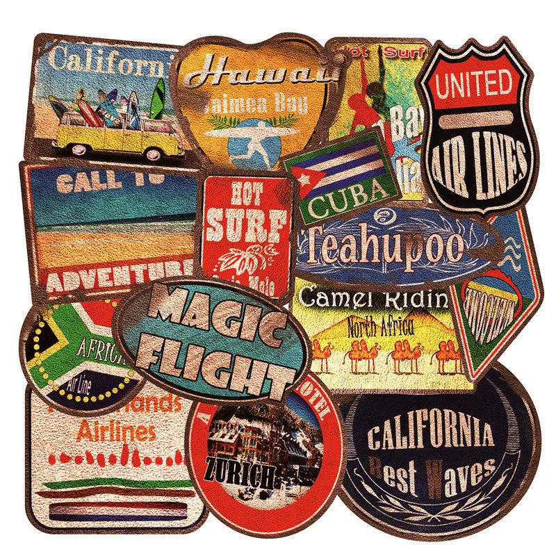 36 retro beach stickers in sizes 6cm to 10cm with matte finish on PVC material