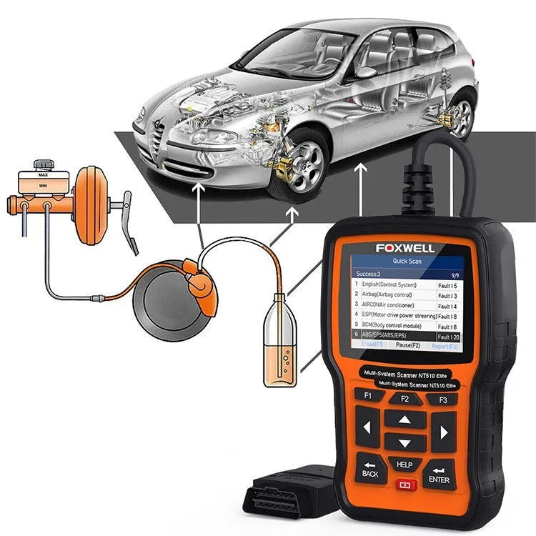 Orange and black Foxwell NT510 automotive OBD2 diagnostic scanner with data cable