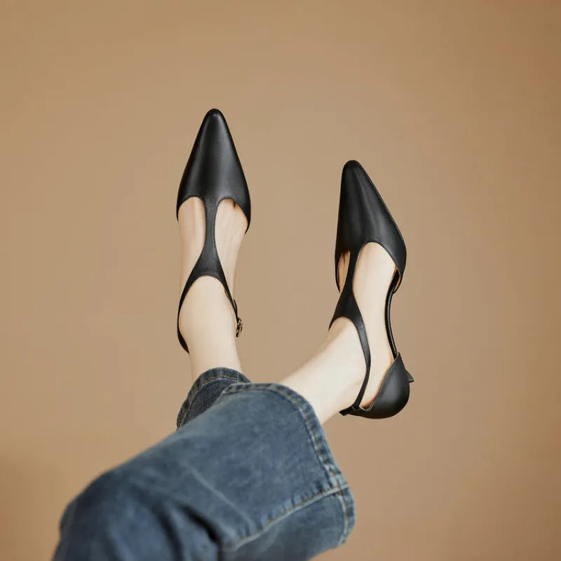 Women's vintage brown high-heel shoes with pointed toe in cowhide leather