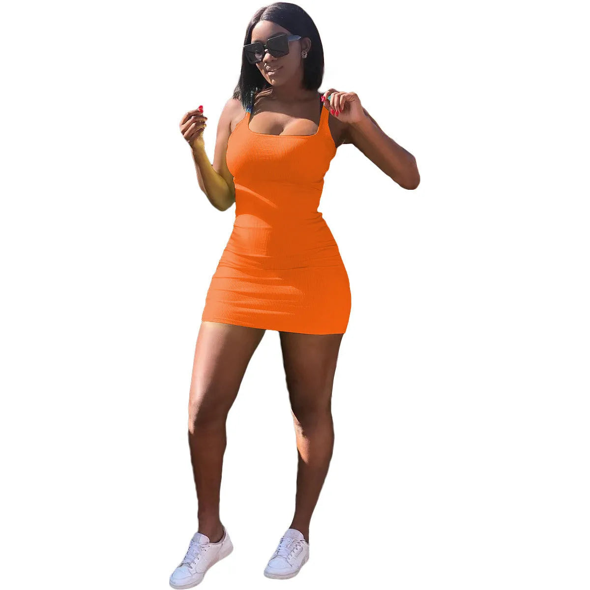 Women's slim fit short dress with a big U-neck and sunken stripe pattern, featuring princess sleeves and a strap detail.