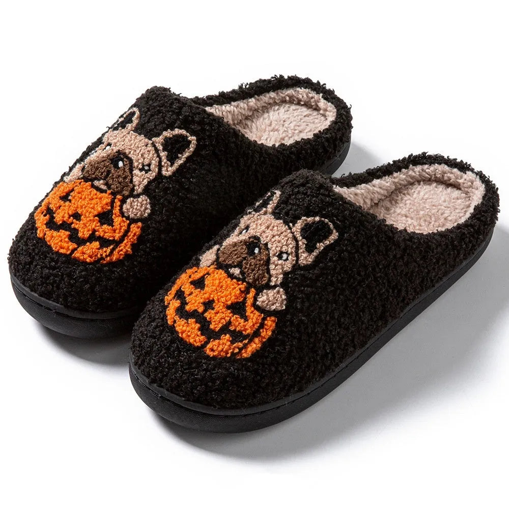 Halloween pumpkin house slippers in black and white colours with plush velvet cotton upper