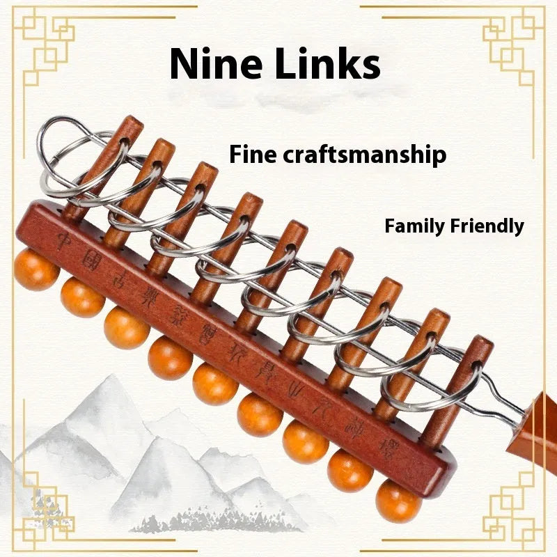 Classic wooden Luban Lock unlock puzzle on white background, 28.5x21cm size