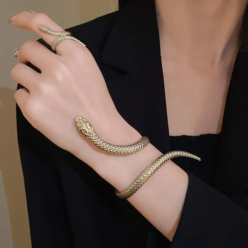 Gold electroplated twisted snake design ring and bracelet set with adjustable fastening