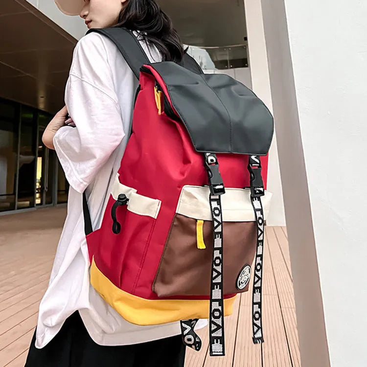 Oxford cloth backpack in black, green, or red with multiple carry handles