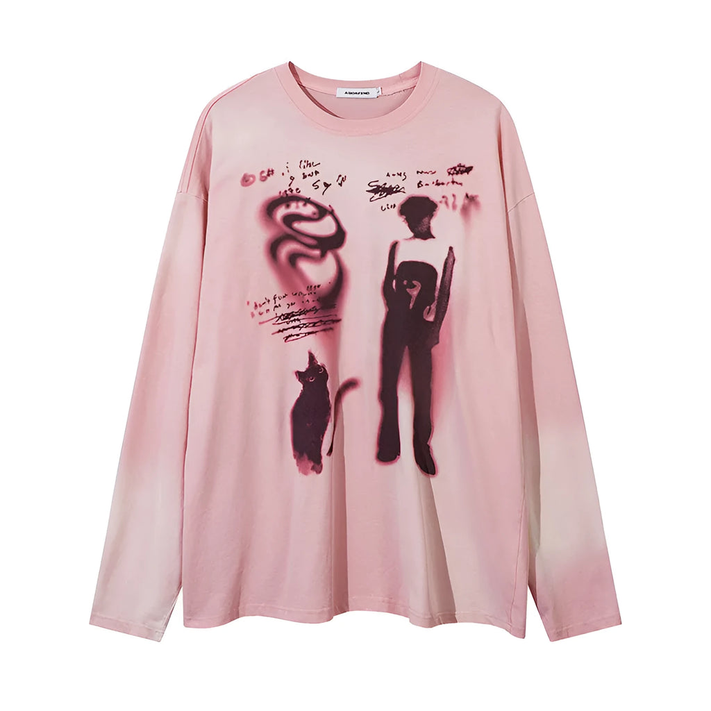 Dark grey women's loose cotton pullover top with long drop-shoulder sleeves and a graphic letter print.