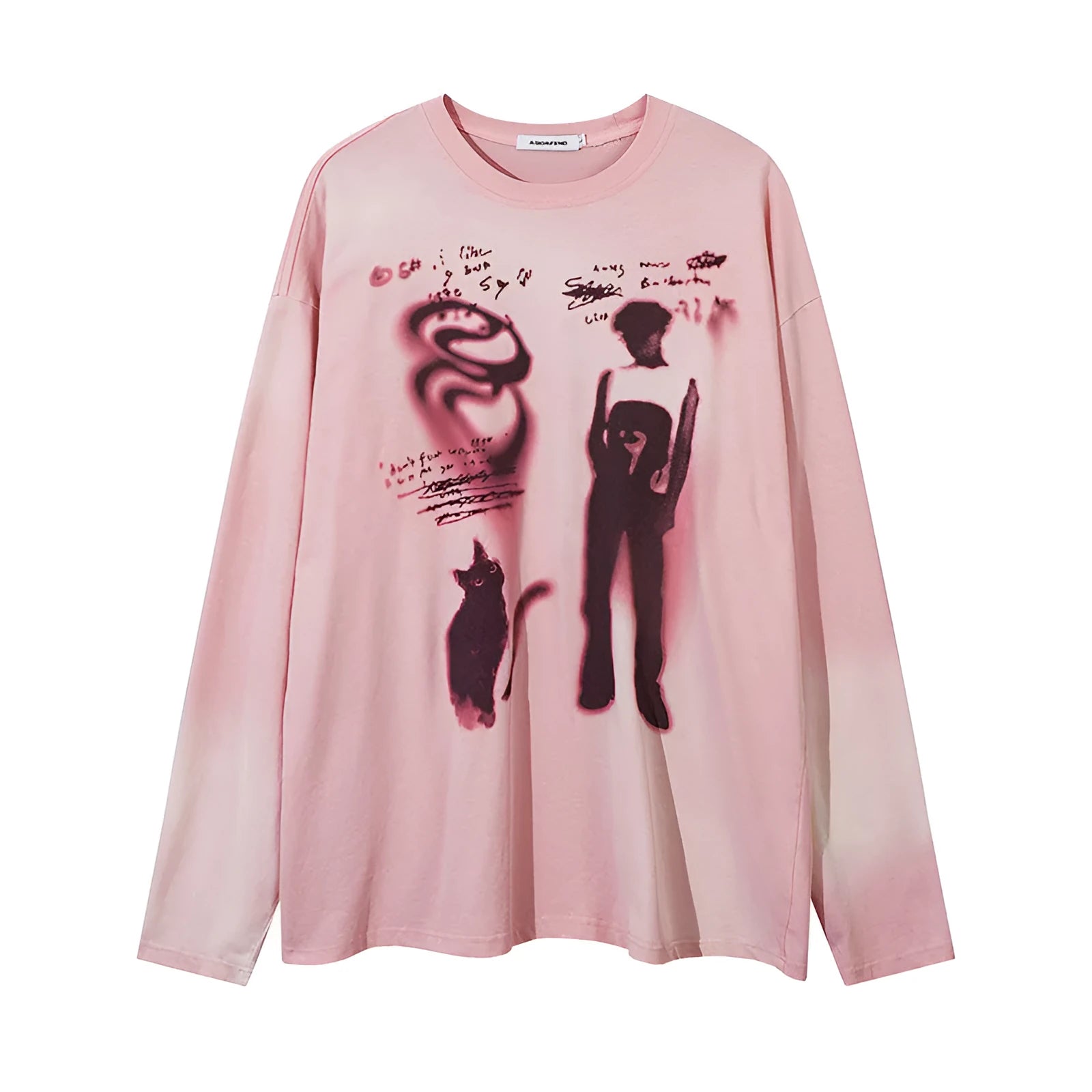 Dark grey women's loose cotton pullover top with long drop-shoulder sleeves and a graphic letter print.