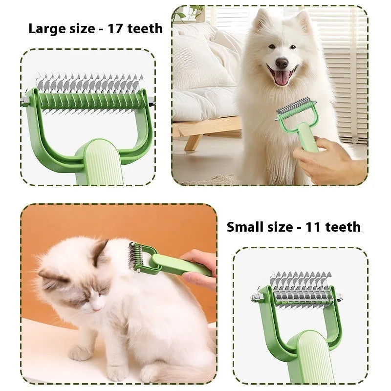 Green and grey dog hair unknotting comb with stainless steel teeth on a plastic handle.