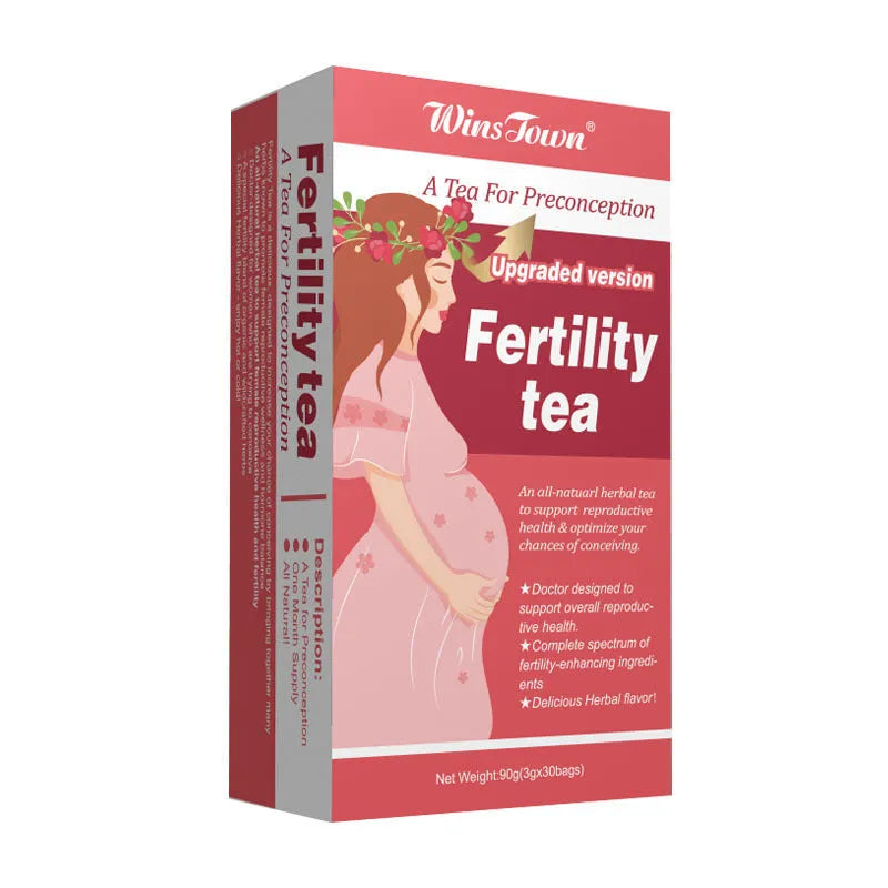 A box of fertility herbal tea containing 90 individual teabags for daily reproductive health support.