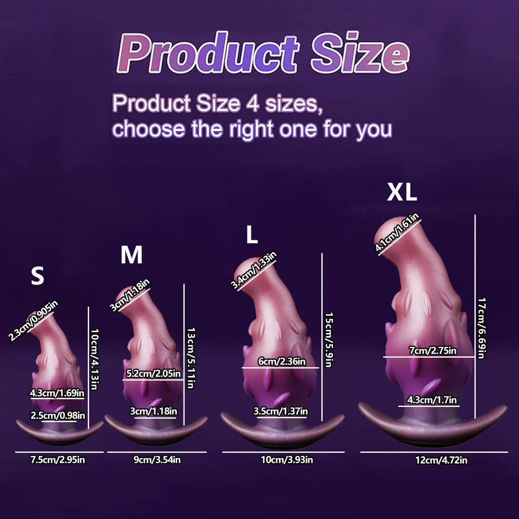 Liquid silicone masturbator in black, gold, or purple colours showing S, M, L, XL size options