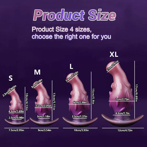 Liquid silicone masturbator in black, gold, or purple colours showing S, M, L, XL size options