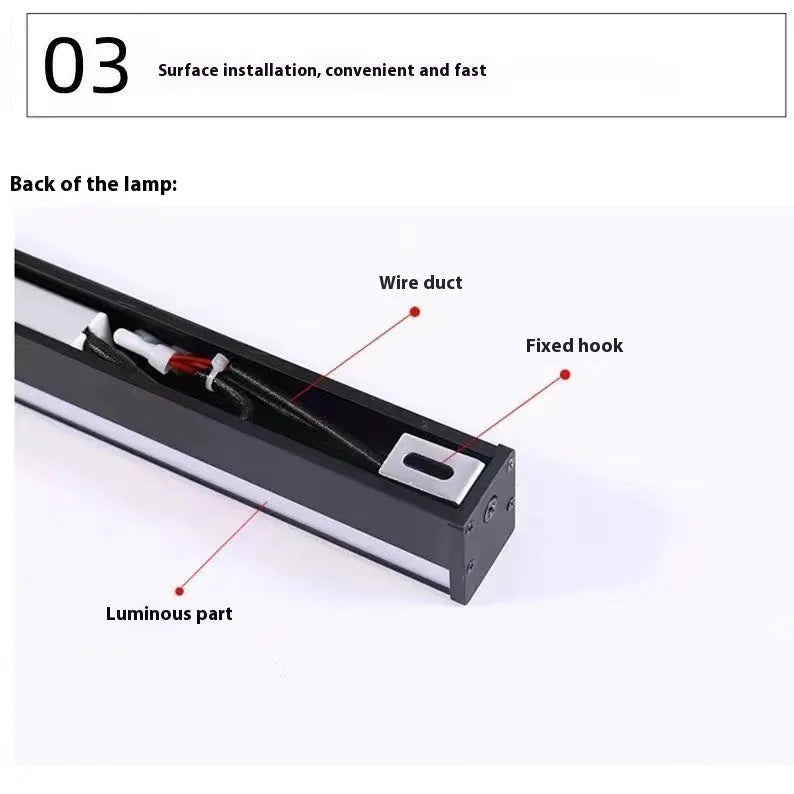 80cm long black LED wall lamp with touch control for three light colours on a white wall.