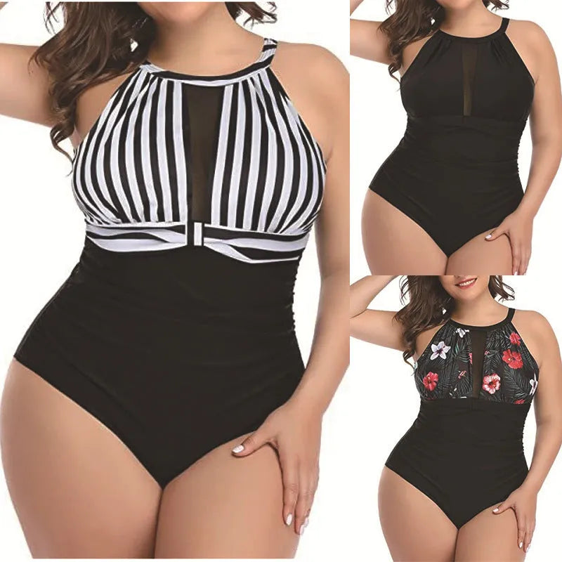 Women's solid colour one-piece swimsuit with lace detail in black, red flower, or stripe patterns.