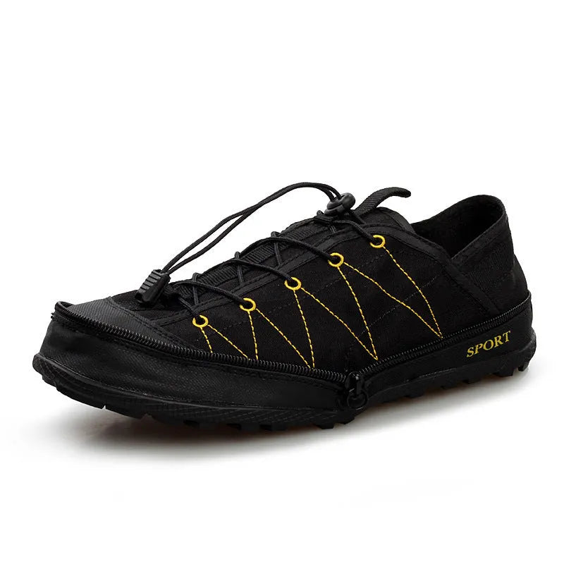 Portable folding outdoor hiking shoes in orange, featuring a mesh upper and side zipper closure.