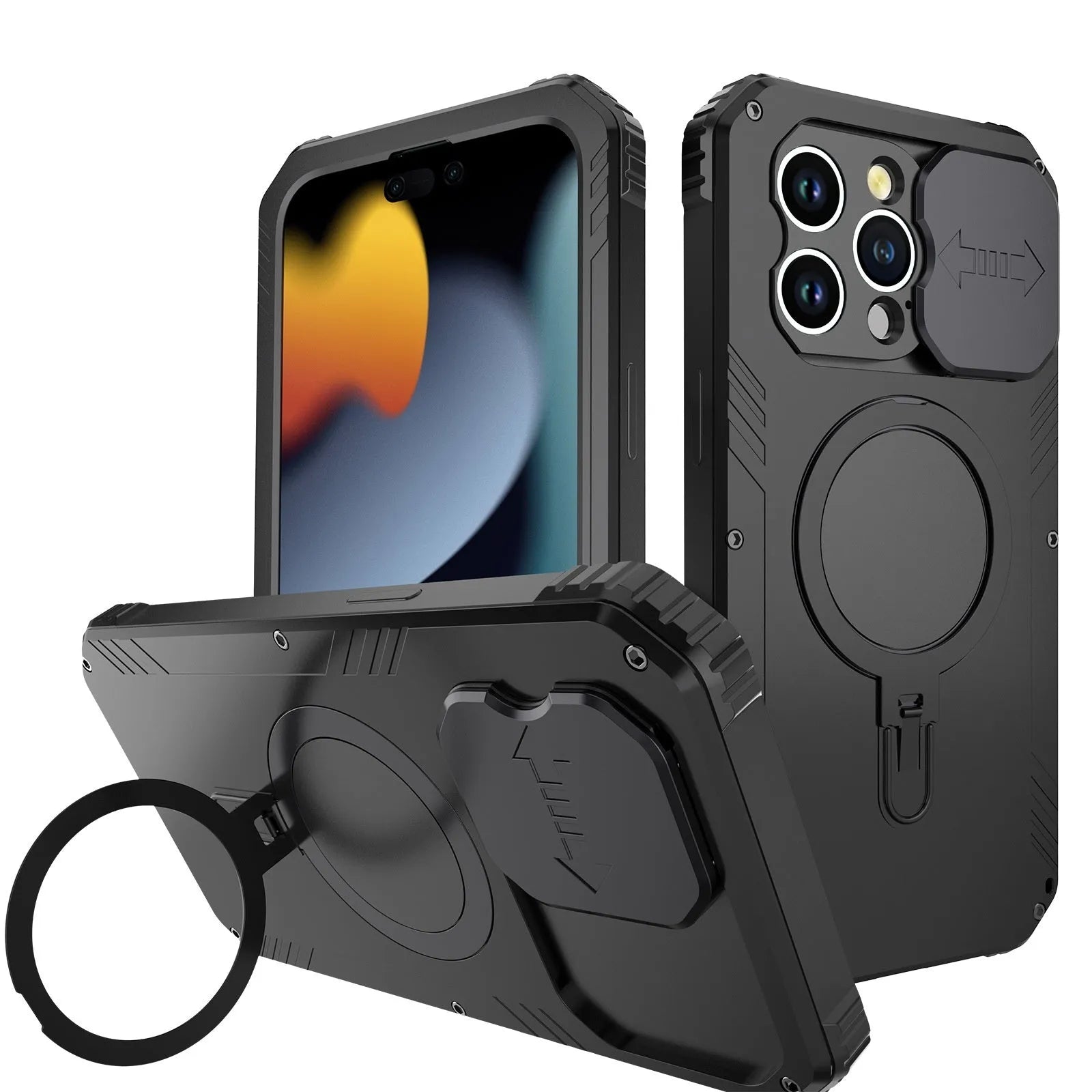 Black metal bracket shockproof phone case for iPhone 15 with aluminium alloy frame and magnetic suction