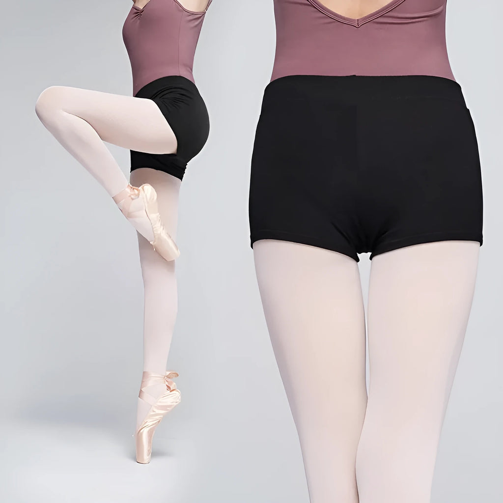 Black cotton ballet dance shorts for women, laid flat showing solid colour and stretch fit.