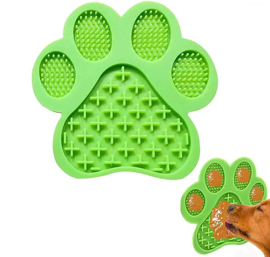 Blue bone-shaped silicone dog licking mat with suction cups on the back.
